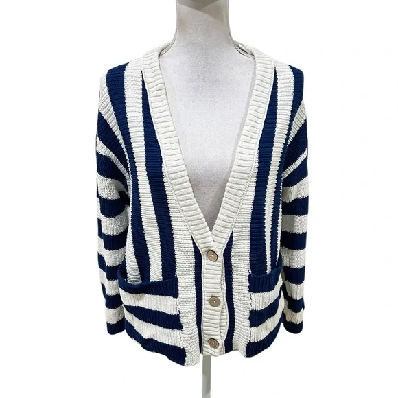 Free People navy Blue & Cream high Tide Striped Cardigan oversized cotton sz xs - Picture 5 of 14